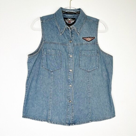 Harley Davidson Denim Jean Vest Womens Size Large Logo Buttons Biker Cut - Picture 6 of 13
